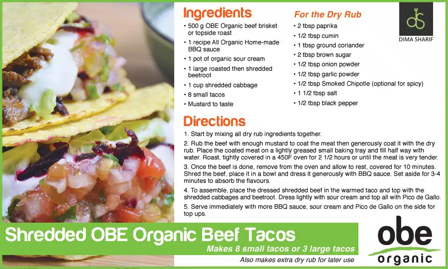 Shredded OBE Organic Beef Tacos